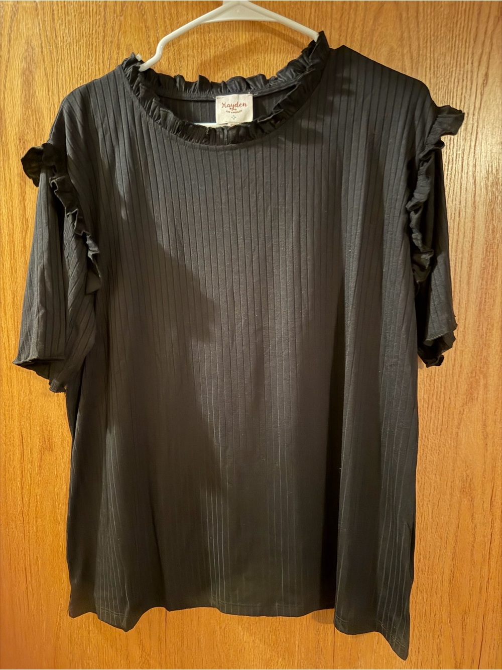 Hayden Black Ruffle-Trim Short Sleeve Ribbed Tee